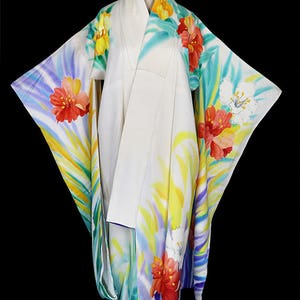 Vintage silk kimono, robe or coat or dressing gown, blue yellow ivory furisode, floral flowers, floor length long sleeves, big print