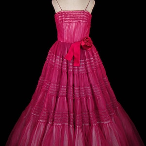 Midcentury red tulle gown 1940s 1950s  ballgown dress cranberry Bonwit Teller big ruffle skirt silk satin flower alternative wedding prom