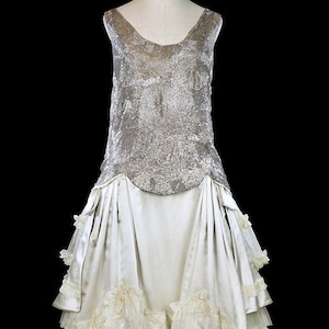 Antique flapper era dress, heavily beaded silk wedding or evening dress, Art Deco couture, Edwardian, sleeveless, pintucks, 1910s 1920s 1930