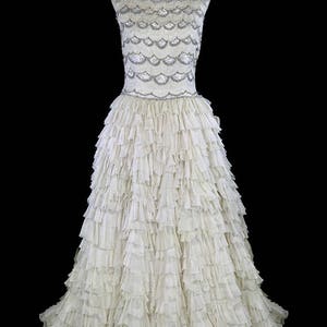 1940s beaded gown, wedding, huge ruffled silk chiffon skirt, sleeveless, golden beige ivory, sequins, vintage couture evening formal