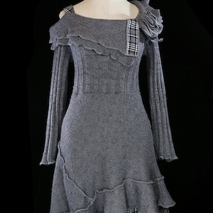 Gianfranco Ferre knit dress, avant garde gray Italian couture work day evening long sleeve asymmetrical hi-lo high low hem cableknit ruffle