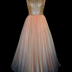 1950s sequin & ombre tulle dress, evening, prom, red carpet. Sleeveless, full skirt, rhinestones crystals jewels, Cleopatra collar, ballgown