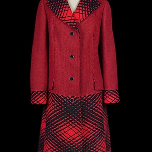 Vintage Yves Saint Laurent red black wool plaid coat, buttons, mod, french couture jacket, YSL