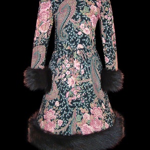 Yves Saint Laurent dress, vintage paisley challis with fox fur trims, bohemian russian style couture day office or evening