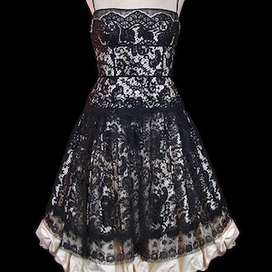 David Fielden black lace dress over ivory silk satin, Little Black Dress / LBD, British couture cocktail dress, 1950s style silhouette