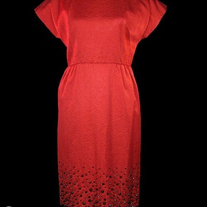 Balenciaga vintage dress, day or evening, black studded orange silk, textured satin, avant garde designer couture cocktail