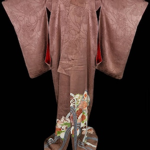 Vintage art deco silk kimono, robe or coat or dressing gown, brown satin jacquard tomesode, floral flowers, floor length, long sleeves
