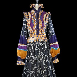 Jean Varon maxi dress, 1960s 1970s boho bohemian festival gown, 1970s victorian op art blue white yellow bishop sleeves ruffles collar