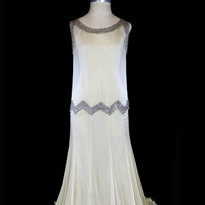 1930 gown, beaded silk chiffon wedding or evening dress, Art Deco jeweled rhinestones, sleeveless, Jean Harlow style ivory goddess 1920