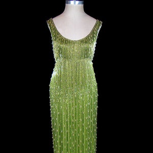 Heavily beaded gown, 1950s 1960s pearl glass beaded tank dress, Samuel Winston, couture red carpet gown, solidly beaded, green