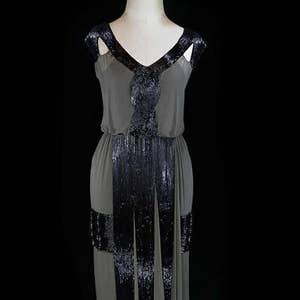 Art-deco beaded dress, 1920s 1930s, flapper, silk chiffon, green black, antique couture, Great Gatsby era, sleeveless, heavily beaded, rare image 1