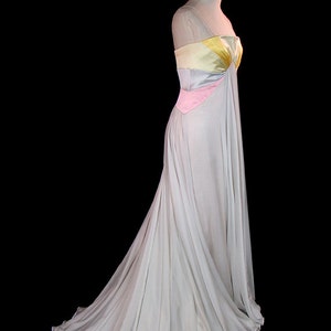 Valentino silk chiffon & charmeuse satin formal evening / wedding gown, sleeveless, statuesque, train, vintage french couture dress, pastel,