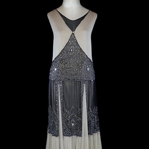 Art-deco beaded gown, 1920s flapper dress, silk chiffon beige black, antique couture, Great Gatsby era, sleeveless heavily beaded, rare