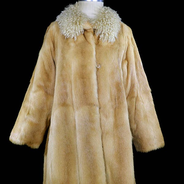 Mink and Mongolian lamb coat, golden, autumn haze, Tibetan lamb, 1960s 1970s, swing, long warm winter coat jacket, Almost Famous, male pelts