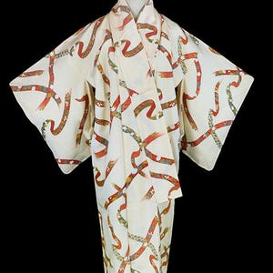 Vintage silk kimono, robe or coat or dressing gown, long dramatic tomesode, yellow cream ivory white, floor length