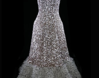 1960s sequin & ruffled tulle dress, silk, evening, prom, red carpet. Sleeveless, full skirt, big skirt, trumpet hem, dancing, heavily beaded