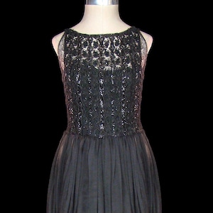 1960s I. MAGNIN gown, beaded black lace silk chiffon maxi dress vintage couture sleeveless, Audrey Hepburn Morticia Addams style red carpet