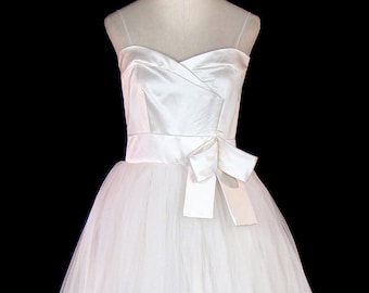 1950s wedding dress, silk satin bodice tulle lace big full long ballgown skirt, New Look bridal gown Cinderella fairytale fantasy sleeveless