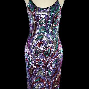 Floor length sequin gown, op-art graphic tank dress sleeveless jewel-tone sequins heavily beaded vintage body con bodycon red carpet dress