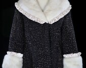 Elsa Schiaparelli curly persian lamb coat, big oversize ivory mink collar cuffs, near antique designer french couture jacket, black ivory