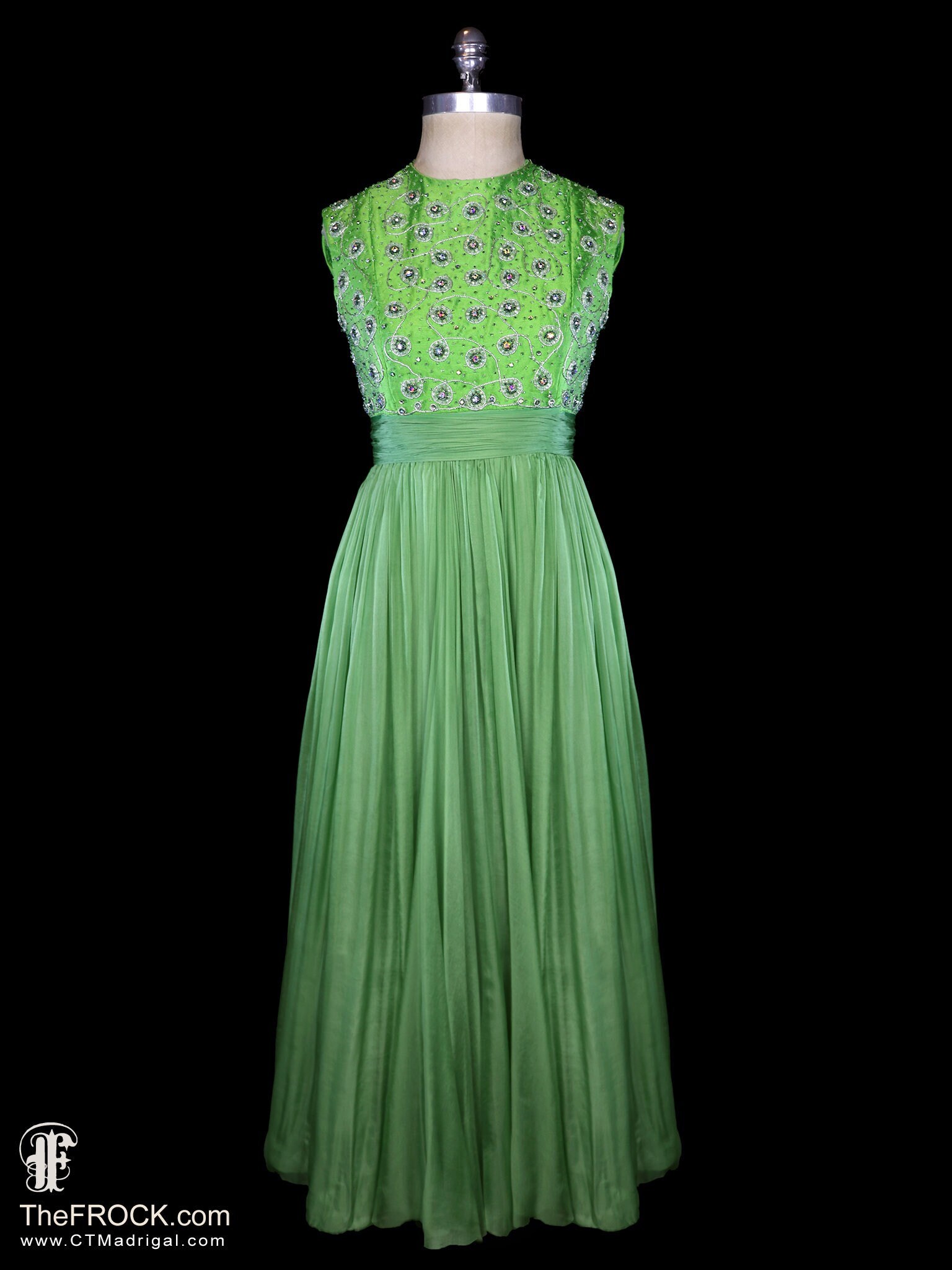 Elizabeth Arden green silk chiffon goddess dress, 1960s 1950s jeweled beaded shantung red carpet formal evening gown sleeveless grecian