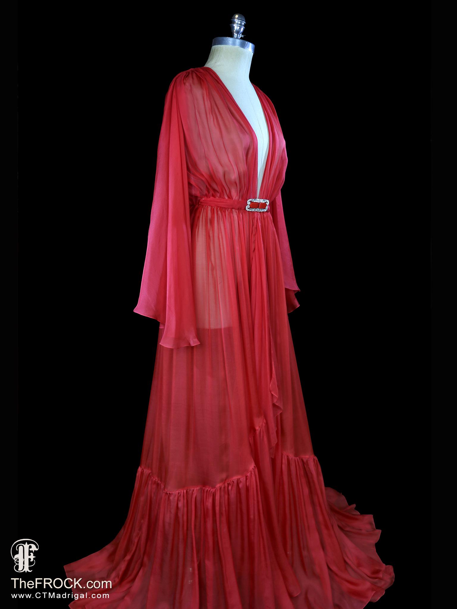Vintage Red Dressing Gown, Art Deco Glass Buckle, Silk Chiffon Dress or ...