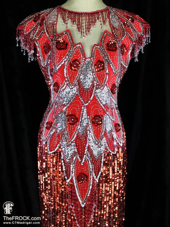Red sequin gown beaded fringe dress, sleeveless r… - image 2