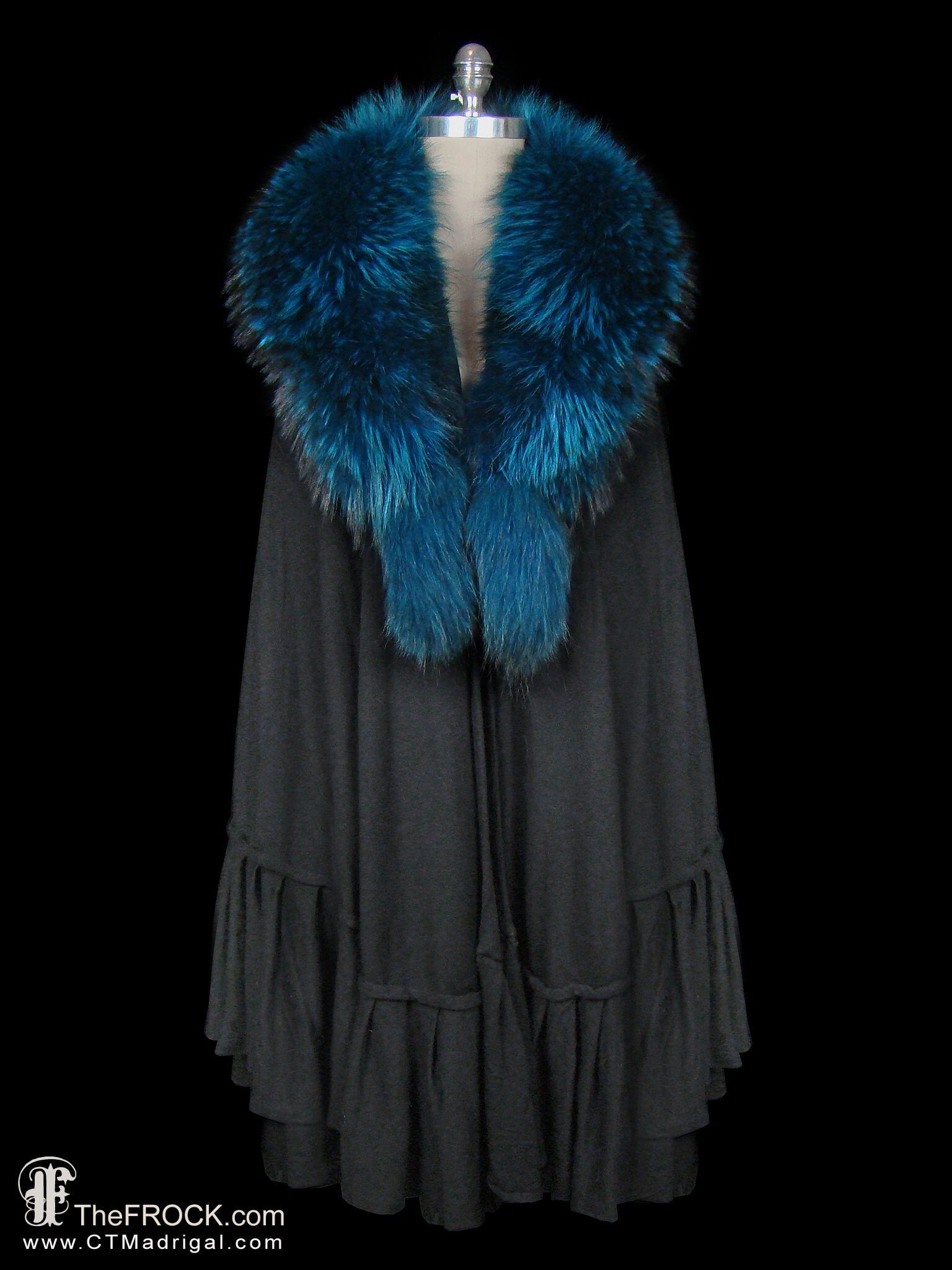 Giorgio Armani Vintage Black Wool Cashmere Knit Cape, Blue Fox Fur