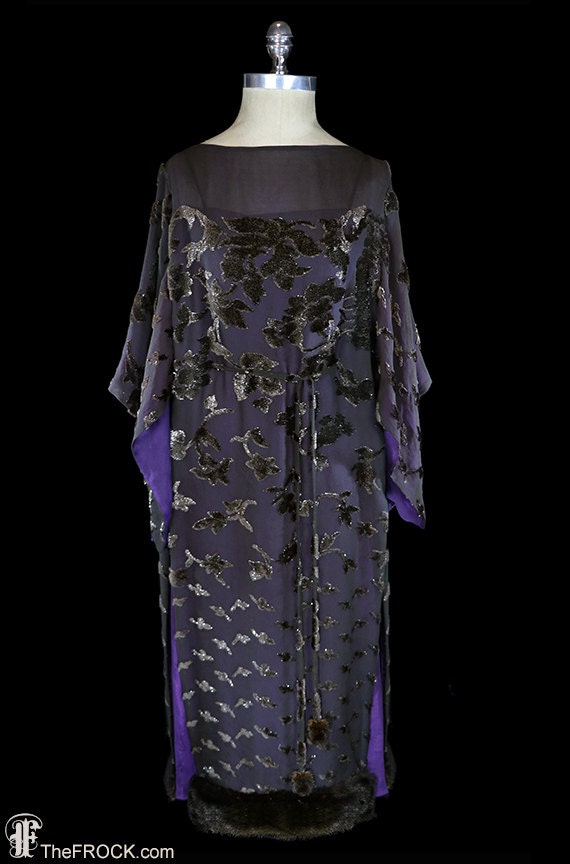 1920s Kimono Sleeve Flapper Dress Voided Silk Chiffon Metallic