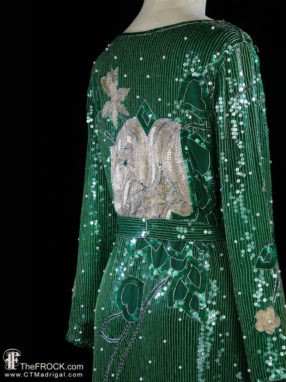 1970s sequin dress, green beaded gown belted, lon… - image 6