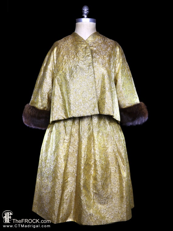 Sally Milgrim 1950s Gold Metallic Lame Brocade Dress, Mink