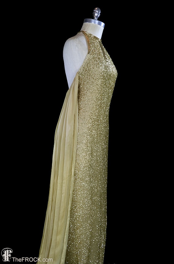 Halston beaded gown, gold glass halter gown, silk… - image 3