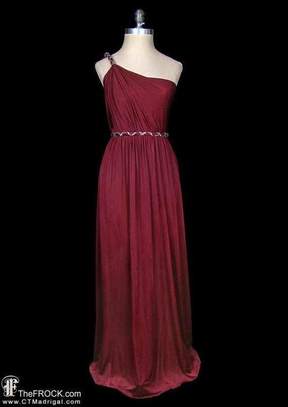 Beaded wine jersey maxi dress, grecian goddess si… - image 1