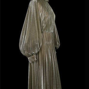 Luis Estevez maxi dress, gold metallic gown, bishop sleeves, 1960s 1970s 60s 70s gown grecian goddess, metallic lame, high neck floor length image 4