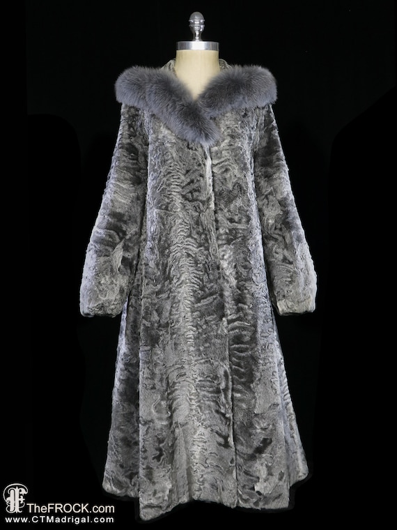 Silver broadtail lamb fur coat, long fox stroller… - image 1