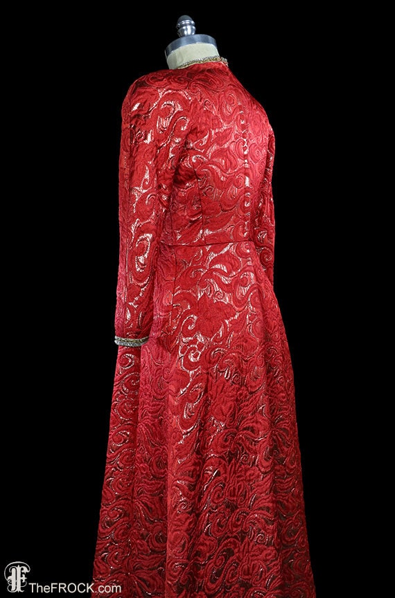 C. 1970 gold metallic red silk matelassé gown, la… - image 7