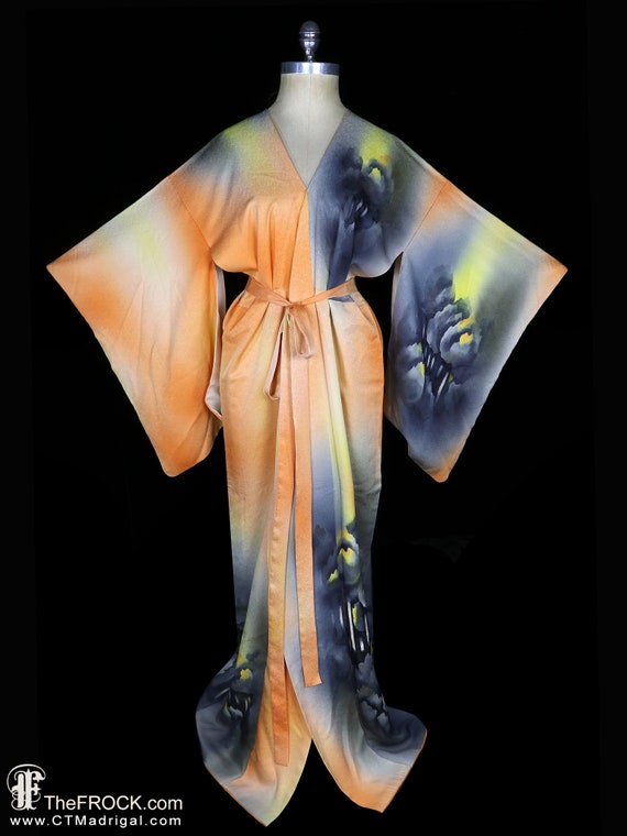 Antique robe, belted kimono, hand painted silk, a… - image 1
