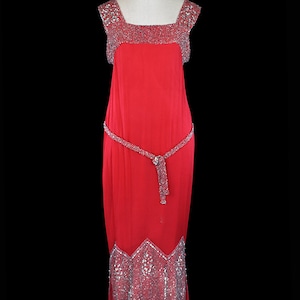 1920 flapper era dress, heavily beaded silk chiffon gown, red & silver, Art Deco Gatsby, sleeveless, rare red carpet, antique couture, 1930