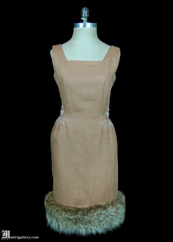 1950s dress, fox fur trimmed beaded cafe-au-lait l
