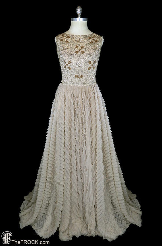 1960s beaded gown, huge ruffled net skirt, gold me
