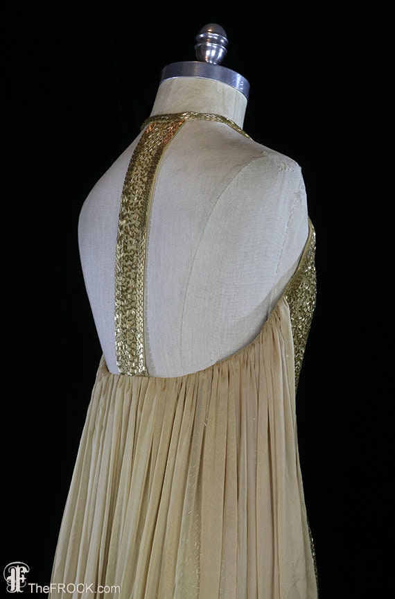Halston beaded gown, gold glass halter gown, silk… - image 5