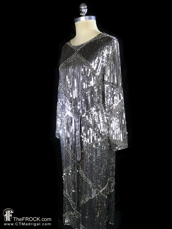 Halston sequined evening dress, belted silver met… - image 3