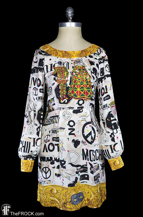 Moschino masquerade print dress, white ivory gold… - image 1