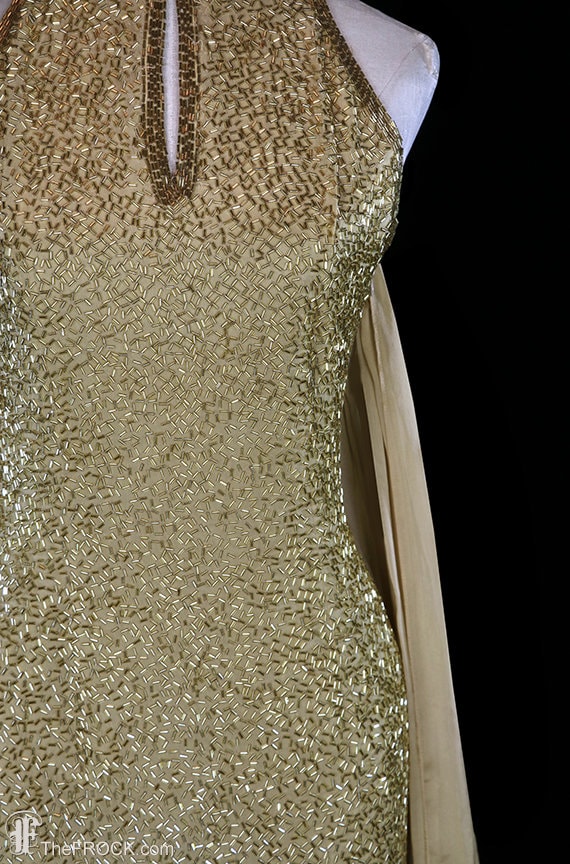 Halston beaded gown, gold glass halter gown, silk… - image 2