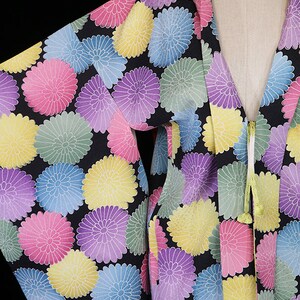 Vintage silk kimono, robe jacket dressing gown, haori, floral flowers patterned coat short op art bright color black pink blue yellow image 2