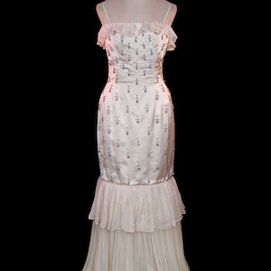 Ceil Chapman wedding dress / evening gown, vintage silk chiffon & beaded jeweled satin, 1950s couture, form-fitting, trumpet hem, sleeveless