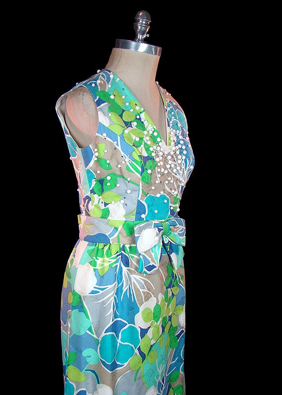 1950s / 1960s Studded Dress, Sleeveless Floral Patterned Day or Evening ...
