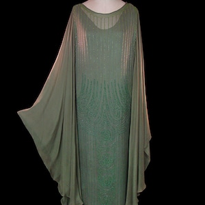 Flapper dress, 1920 art-deco gown, green beaded silk chiffon, angel wing sleeves, Great Gatsby style, authentic antique couture, large