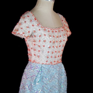 1950s / 1960s beaded sequined dress, blue orange white, lace trim, heavily embellished cocktail evening reception party dress image 2