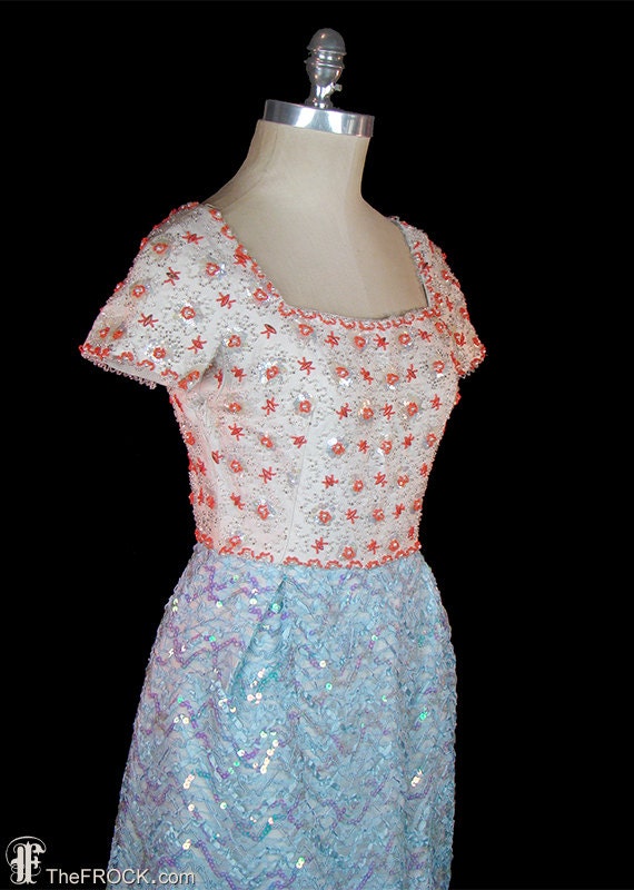 1950s / 1960s beaded sequined dress, blue orange … - image 2